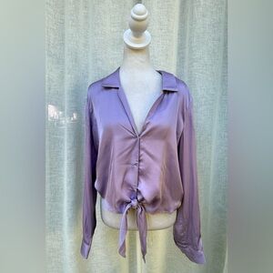 L’Agence lilac lavender purple satin viscose long sleeve front tie blouse